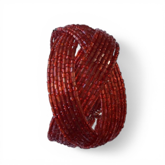 Twisted Flexible Seed Bead Braided Cuff Bracelet – Red - Picture 9 of 11
